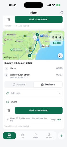 A trip in the Inbox carrying a note that about 16.8 miles are unaccounted for between it and the previous trip, offering Keep or Add.
