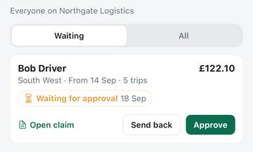 The Team claims screen: a driver's claim for £122.10 waiting for approval, with Open claim, Send back and Approve.