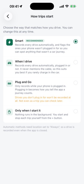 The How trips start screen, offering Smart, When I drive, Plug and Go, and Only when I start it.